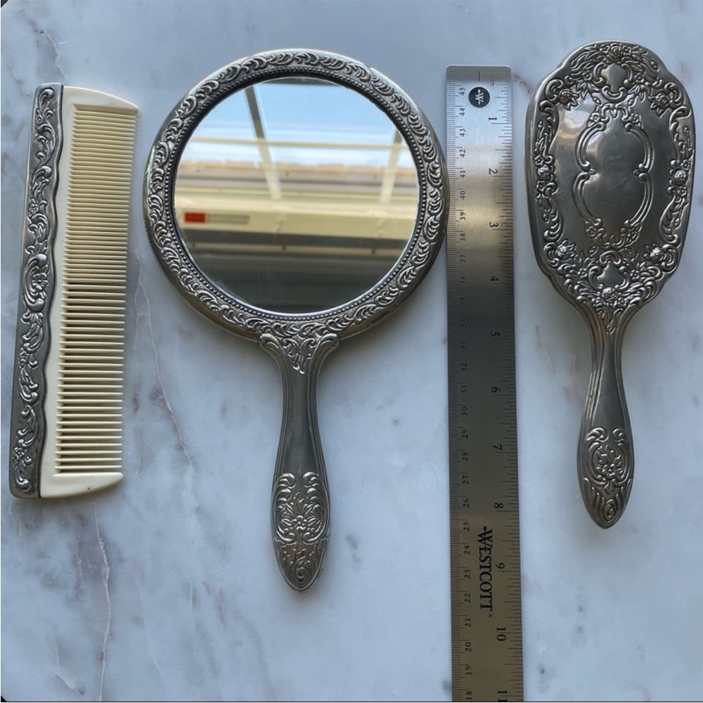 Gorgeous Vintage silver vanity set w comb brush and mirror